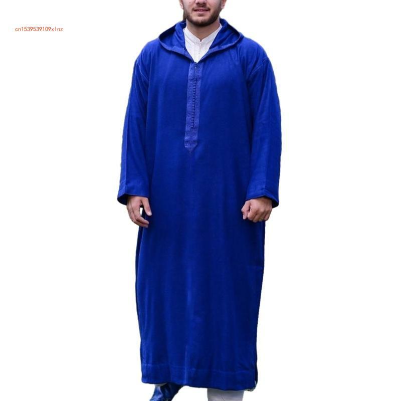 Mężczyźni muzułmanie Kaftan islamskie arabskie szaty Patchwork Vintage bliski wschód kaftan kapturem luźne na co dzień Thobe