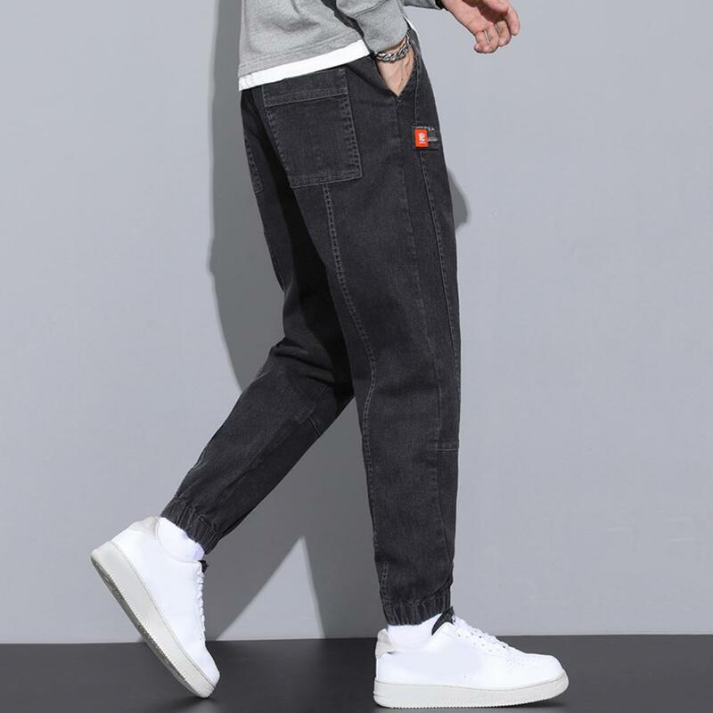 Męskie luźny krój jeansy męskie luźny krój spodnie Cargo z opaski na kostkę ściągany sznurkiem w pasie miękki ciepły materiał jednolity kolor na jesień dla mężczyzn
