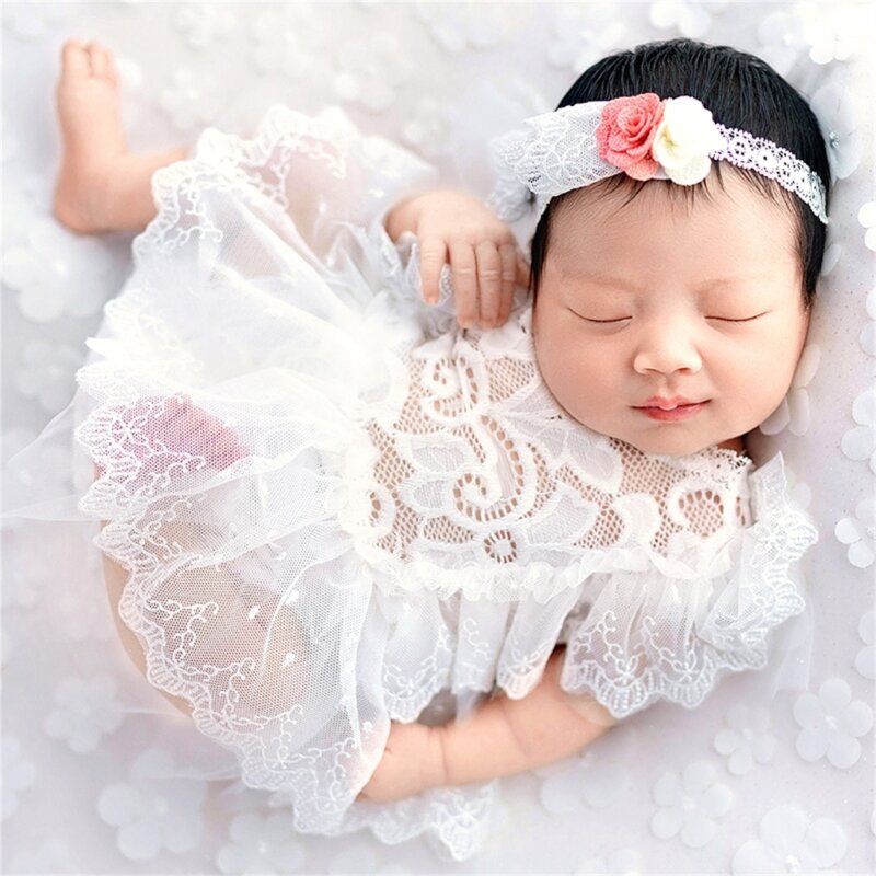 Neugeborene Fotografie Requisiten Outfit niedliche Spitze Prinzessin Baby Mädchen Kleid Blume Stirnband Set Neugeborene Mädchen Fotoshooting Kleidung