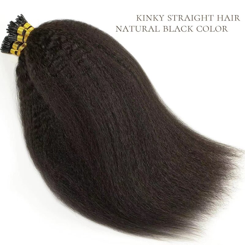 Yaki-extensiones de microeslabones de Punta I, cabello humano liso y rizado, cabello virgen 100%, pelo de fusión, color negro Natural