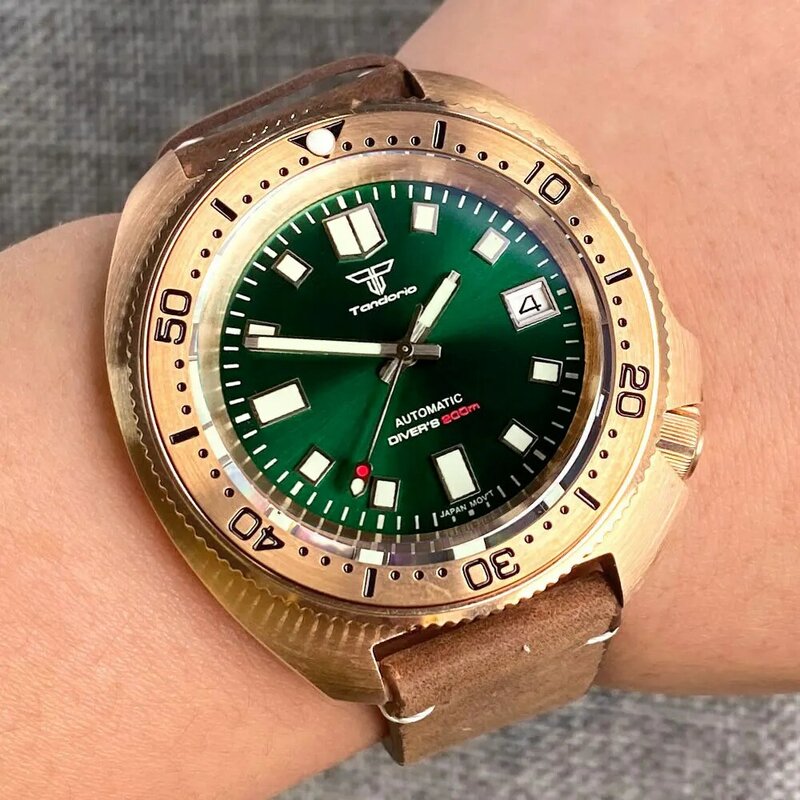Real bronze tartaruga mergulho relógio mecânico japão nh35 movimento sunburst dial verde à prova dwaterproof água relógio de pulso reloj hombre verde lume