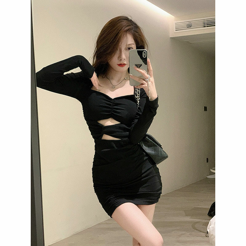 HOUZHOU Bodycone seksi gaun wanita hitam Mini lengan panjang gaun pesta pendek leher persegi ramping Vintage kasual Y2k elegan Korea