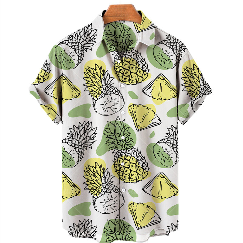 Frutas de abacaxi masculinas camisas havaianas, limão camisas estampadas 3D, blusas de praia casuais, camisa de lapela vocacional, moda verão