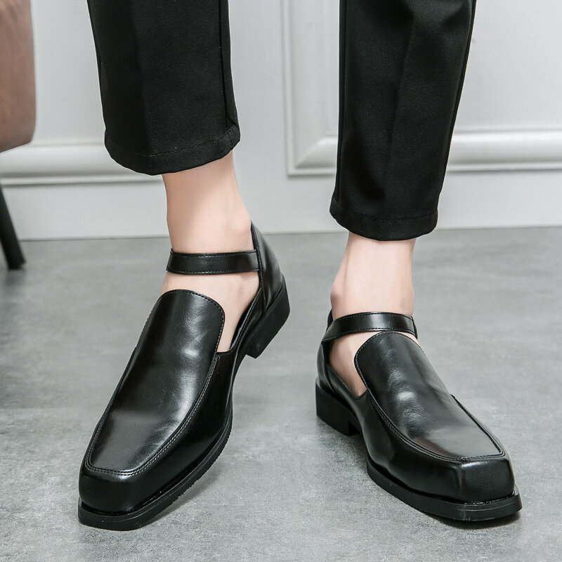Nero Casual Business Summer Men Shoes Pu Leather Buckle Strap sandali con punta tonda scarpe eleganti traspiranti per uomo con taglia 38-46
