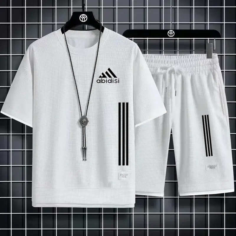 Adida 2024 Man New Tracksuits 2 Piece Short Sleeve Suits Printing T-shirt +Sweatpants Sets Sutdent Casual Summer Sport Clothes