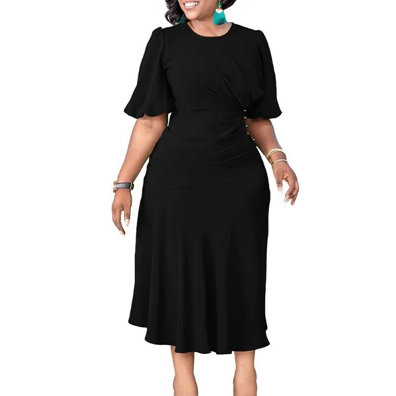 Vestidos plissados africanos para mulheres, gola O, manga lanterna, cintura alta, vestido de festa longo, elegante vestido de escritório, monocromático, 2022