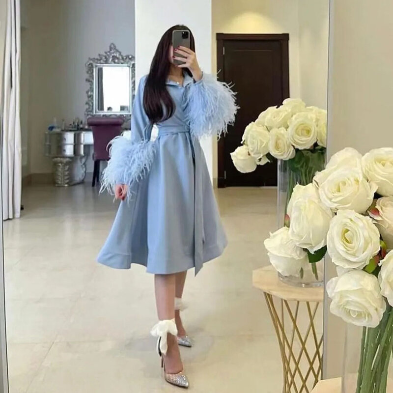 Blue Feather Short Party Dress V Neck Prom Dresses For Women Long Sleeve Arabic Special Occasion Dress Night Club Gown