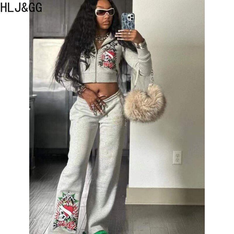 HLJ&GG Fashion Streetwear Women Pattern Printing Zipper Long Sleeve Crop Top And Jogger Pants Two Piece Sets Casual 2pcs Outfits
