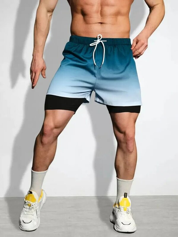 กางเกงขาสั้นออกกำลังกายสำหรับผู้ชายสีดำแบบ2 in 1แห้งเร็วกางเกงวิ่งเข้ายิมกลางแจ้งกางเกงขาสามส่วนรัดรูป