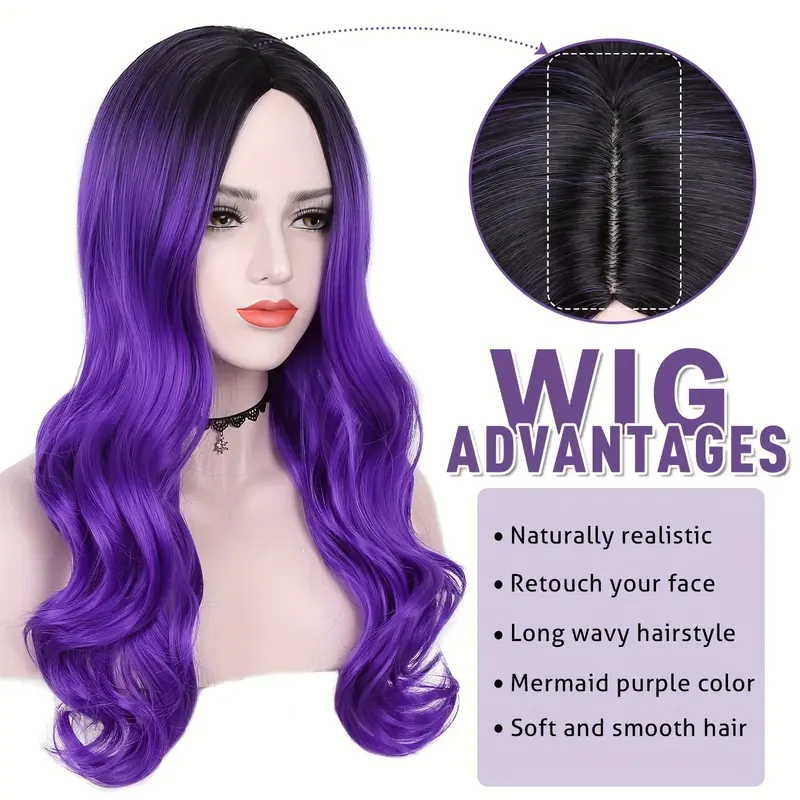 Long Wavy Synthetic Wig for Women, Black to Purple, Colorful Curly Wavy Hair Wigs, Heat Resistant, Daily Party Cosplay Wig