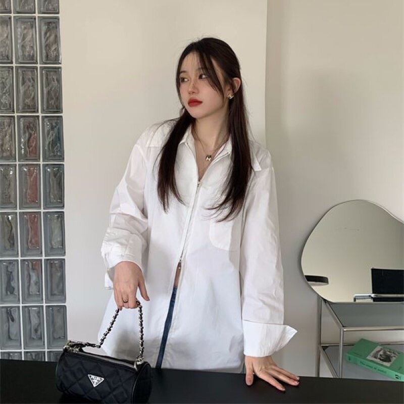 Pphome-camisa holgada de manga larga, camisa de Color sólido, diseño de cremallera bidireccional, Retro, moda coreana