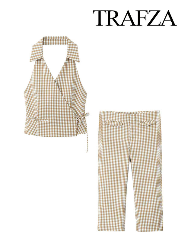 Trafza-チェックの襟付きパンツ,ノースリーブ,裸の背中,クロップトップ,膝丈,ファッショナブル