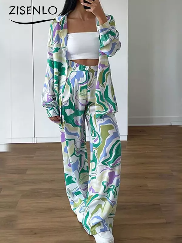 New In Matching Sets Autumn New Streetwear Loose Printed Shirt & Wide-legged Pants Casual Two Piece Set for Women Pants Sets