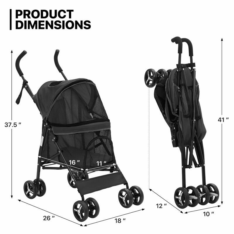 Cochecito de 4 ruedas para mascota, carrito de fácil plegado con cubierta solar, malla transpirable, color negro, hasta 22 libras
