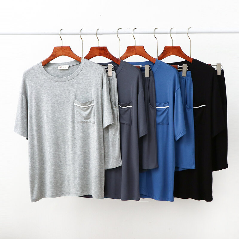 Men Solid Modal 2Pcs Shirt&shorts Casual Round Neck Home Clothes Oversize 3Xl Pajamas Suit Baggy Elastic Waist Sleepwear