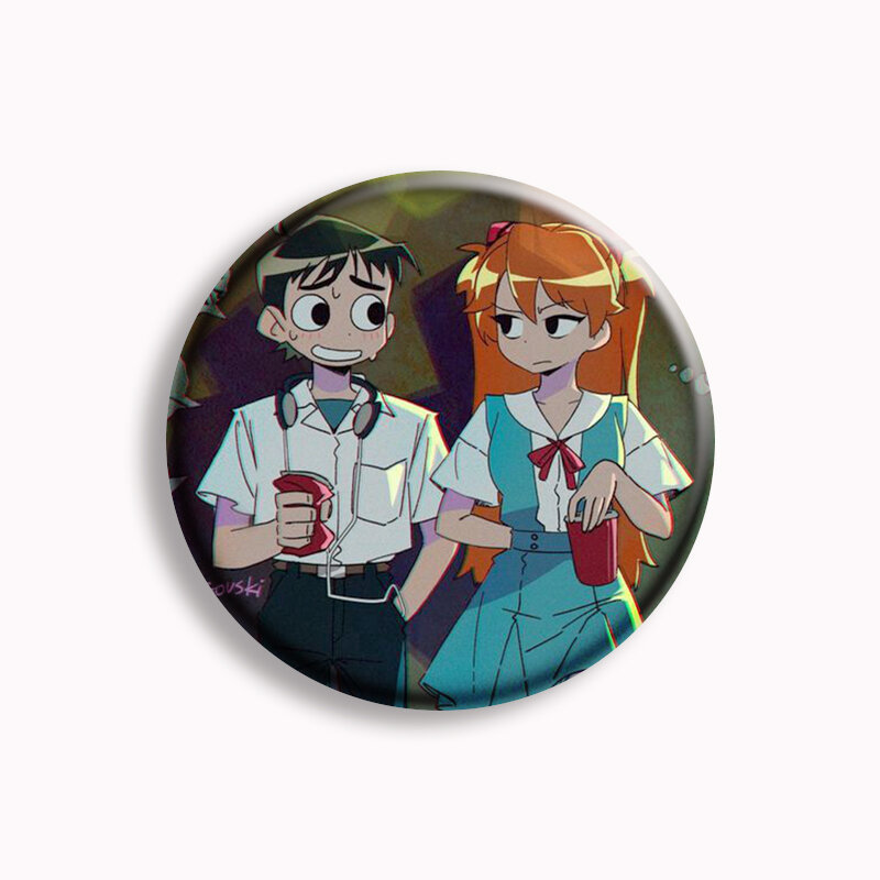 Pin de botón de Anime Scott Pilgrim, insignia de broche de dibujos animados de Scott y Ramona para decoración de bolsos, joyería, regalo para coleccionistas de amigos, 58mm