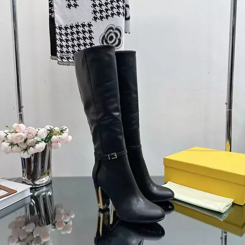 Joelho de couro genuíno botas de salto quadrado, botas com zíper apontado, decoração mental, conforto maduro moderno moda, alta qualidade, 2024