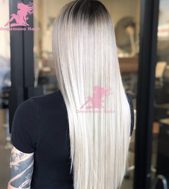 Ash Blonde Cabelo Humano Full Lace Wigs, Brazilian Frontal Hairpiece, PrePlucked, Glueless, Hetero, Raízes Escuras, 13x4, 360