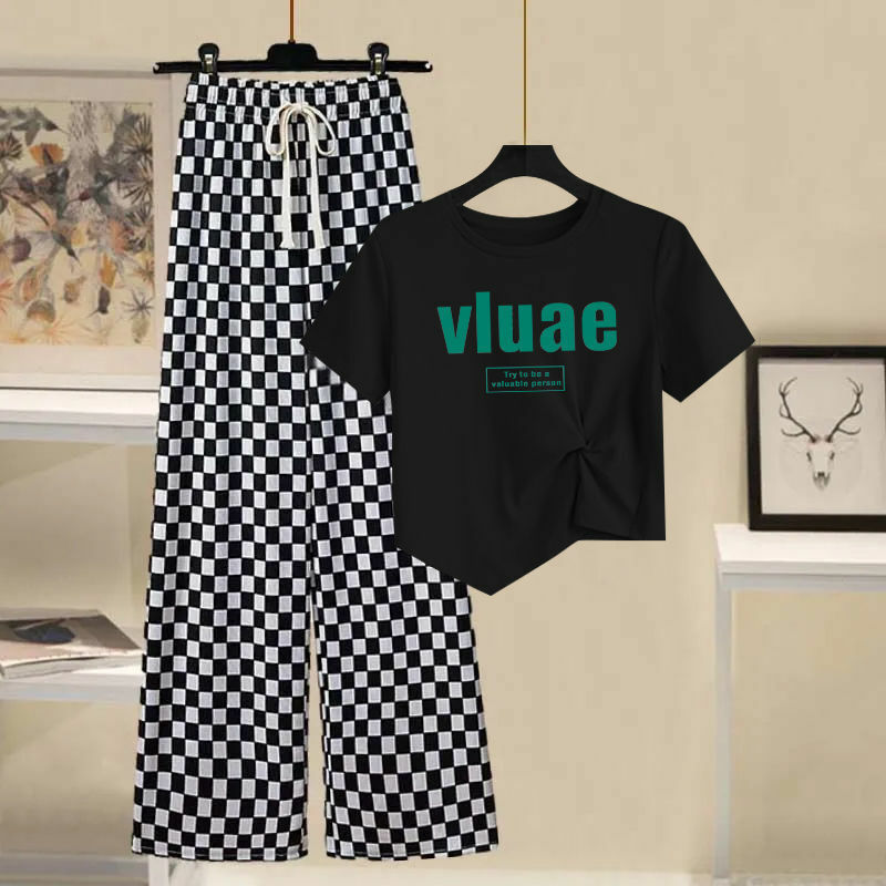 한국판 슬림 프린트 불규칙 슬리밍 티셔츠 상의 + 아이스 실크 체크 보드 와이드 레그 팬츠 여성 캐주얼 투피스 세트