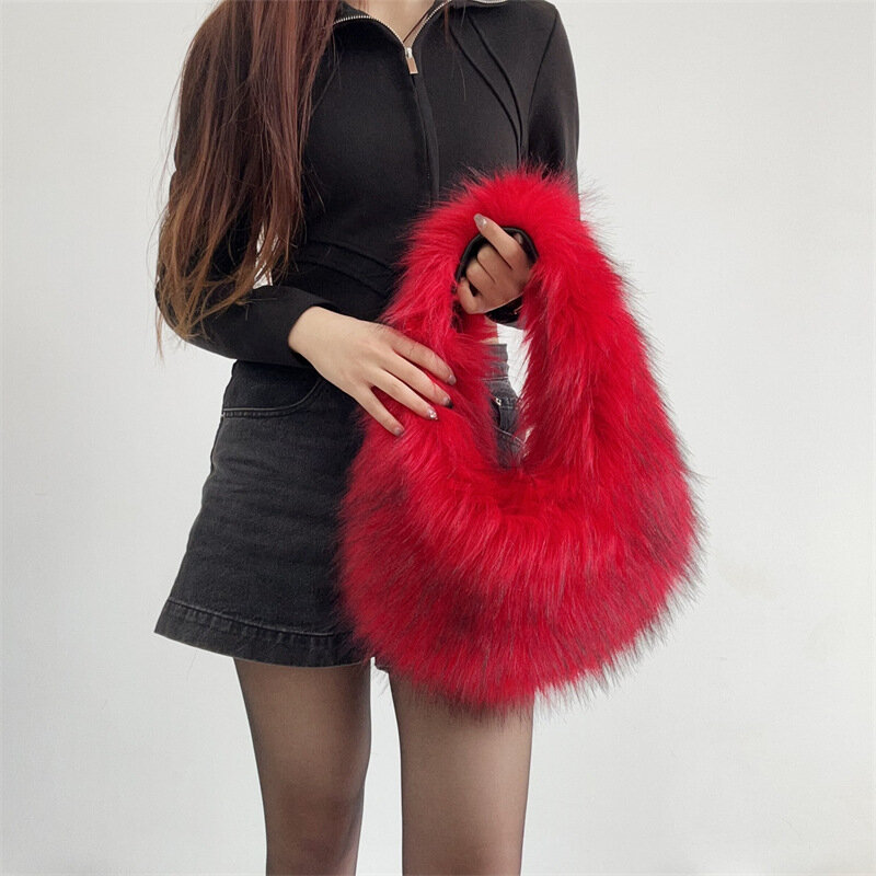 Luxury Furry Wrist Handbags Faux Raccoon Fur Clutch Purses Bags Women Gothic Punk  Chic Y2k Hot Girls Cute Small Half Moon Bag