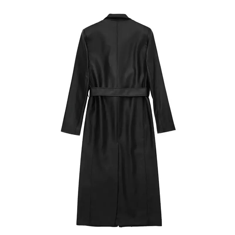 Autumn and Winter New Women Pu Leather Strap Waist Long Punk Lapel Trench Coat Leather Coat