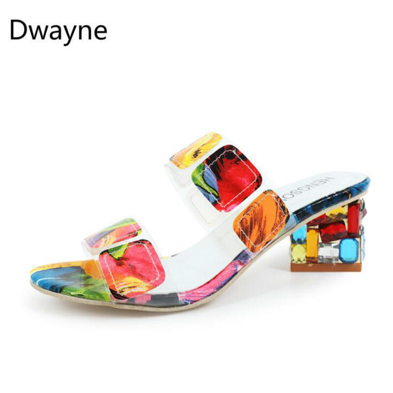 Женские шлепанцы Dwayne, элегантные туфли на высоком каблуке, стразы ярких цветов, лето 2020
