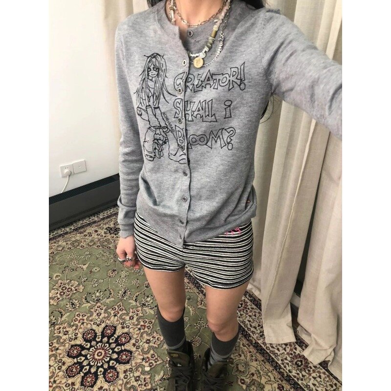 Deeptown-cárdigan de punto gótico de basura Y2k para mujer, suéter de manga larga con estampado de Anime Harajuku, moda japonesa de primavera