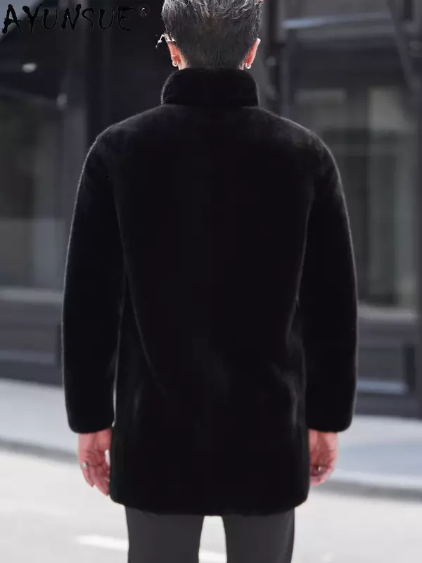 AYUNSUE mantel bulu alami pria jaket musim dingin 2023 mewah panjang sedang mantel bulu cerpelai asli kerah berdiri kasual jaket bulu cerpelai