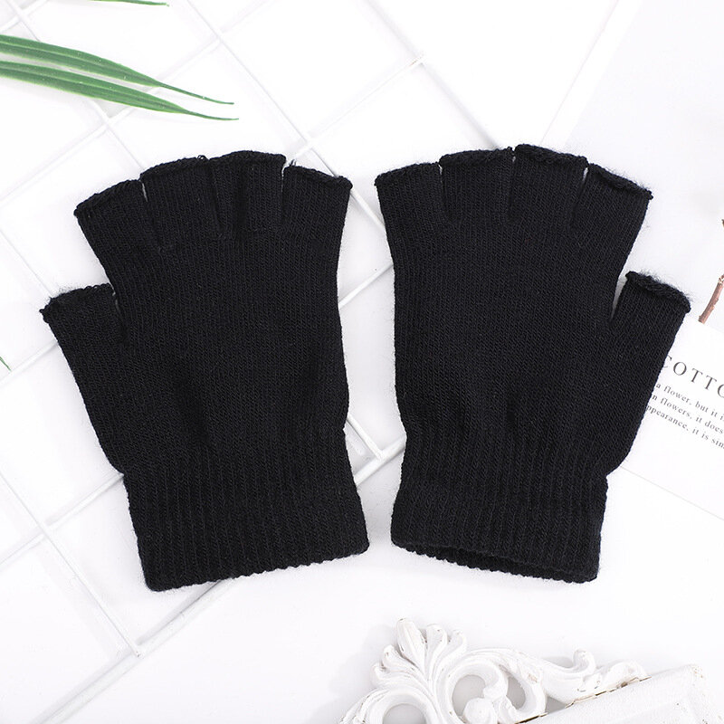 1Pair Black Unisex Half Finger Fingerless Gloves for Women Men Wool Knit Wrist Cotton Gothic Gloves Winter Warm Workout Gloves