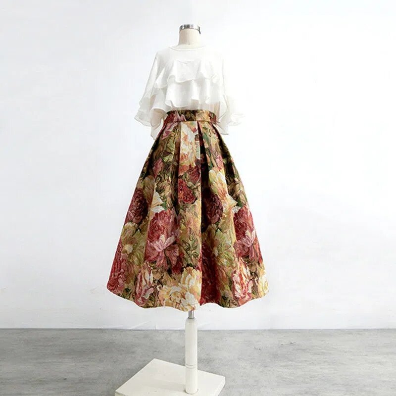 Falda de Estilo Vintage para mujer, falda de estilo Jacquard con estampado de pintura al óleo, con bolsillo y cintura alta, temporada otoño e invierno, 2023