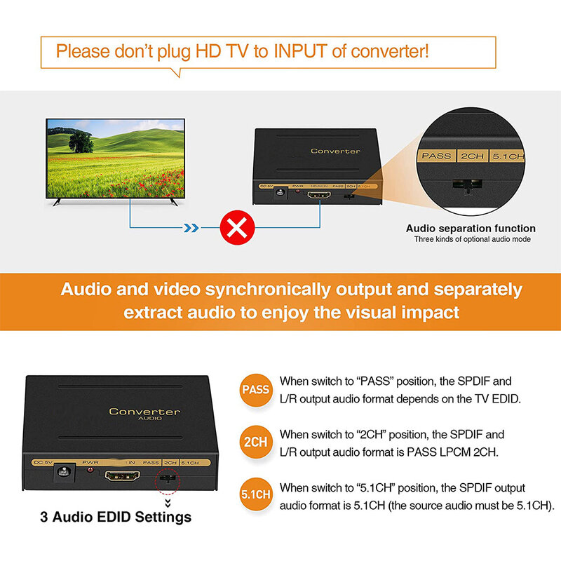 ตัวแปลงเครื่องแยกสัญญาณเสียง HD เป็น HD + Audio ( SPDIF + RCA L/R สเตอริโอ) สำหรับแท่งไฟ Xbox PS5รองรับ3D HDCP2.2 18Gpbs