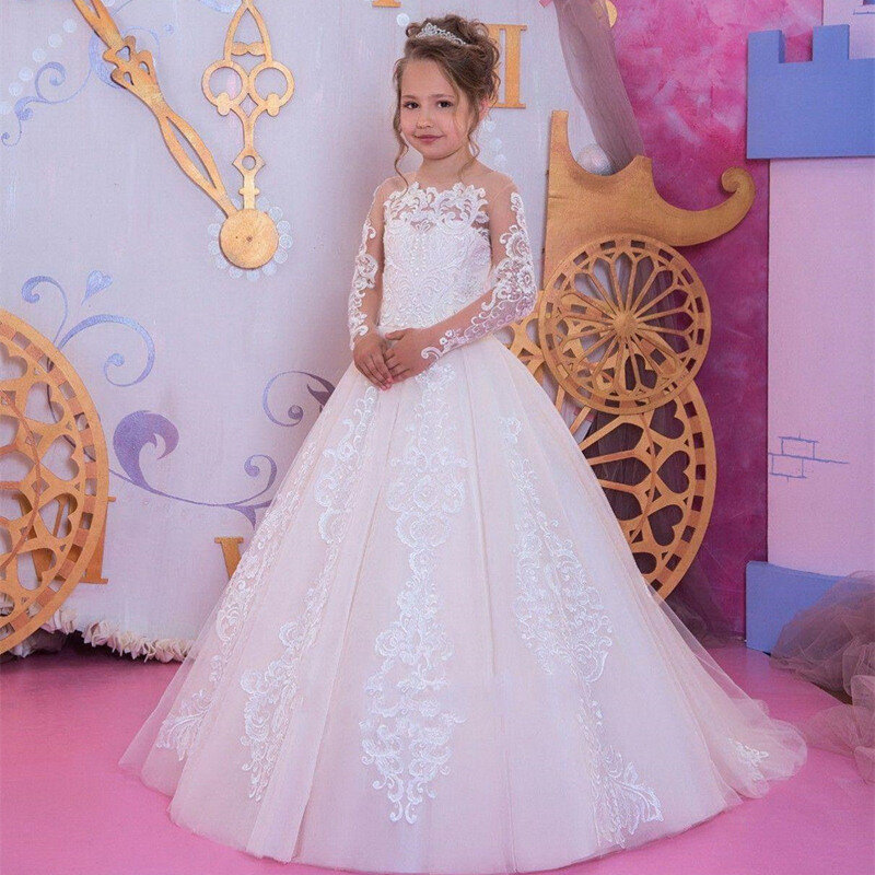 Gaun Gadis Bunga Putih Baru Gaun Komuni Pertama untuk Anak Perempuan Gaun Malam Anak-anak Applique Bermanik