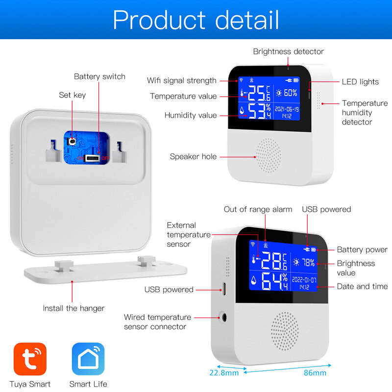 Tuya-termômetro inteligente com sensor de temperatura e umidade, wi-fi, para ambientes internos e internos, com tela lcd, compatível com alexa e google home