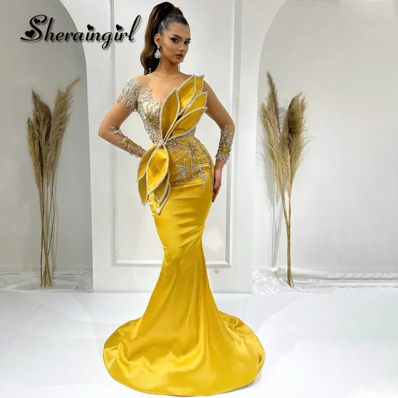 Sherain-女性の魅力的なマーメイドのイブニングドレス、appiques、錯覚の袖、エレガントなプリーツドレス