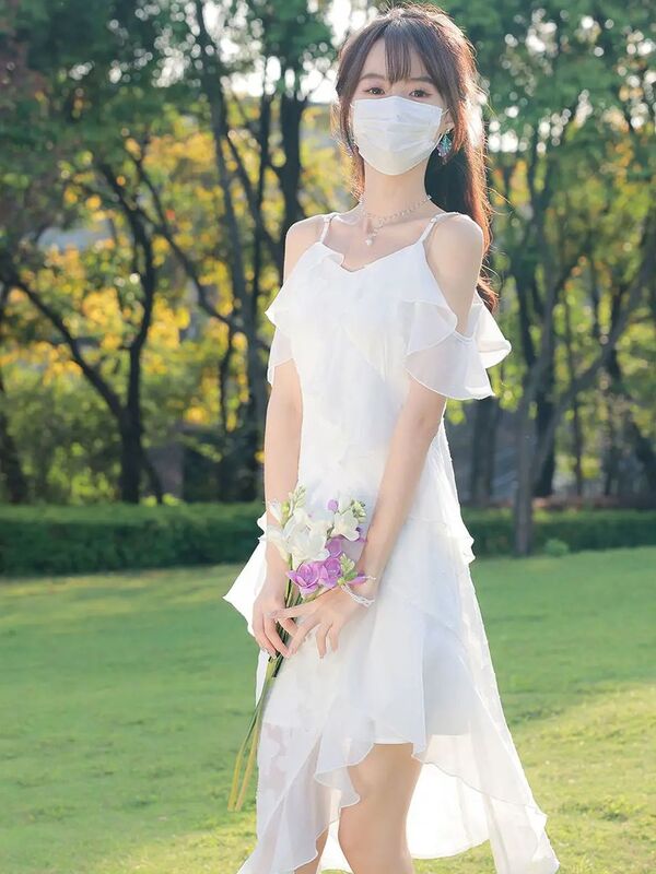 Vestido de Hada de gasa de verano coreano para mujer, vestido Midi de fiesta Elegante, sólido, informal, dulce, moda coreana, ropa rosa