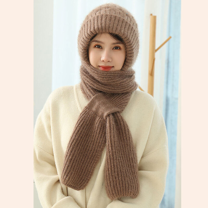 Chapéu de proteção auricular com capuz espesso feminino, gorro de esqui, cachecol e chapéu de lã tricotado, tudo em 1, luxuoso, quente, inverno