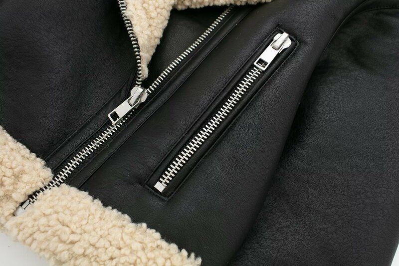 Women 2023 New Fashion Zipper pocket decoration two-sided Fur Faux leather Jacket Coat Vintage Female Outerwear Chic Overshirt