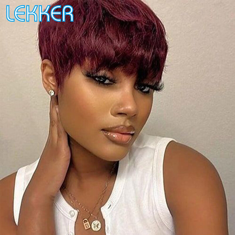 Peluca de cabello humano Pixie Bob recto corto de color Lekker con flequillo para mujeres cabello Remy brasileño sin encaje Borgoña rojo pelucas baratas