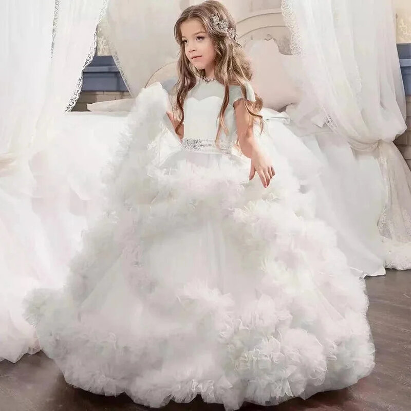 Luxurious Layered Flower Girl Dress For Wedding Tulle Beading Lace Fluffy With Bow Child First Eucharistic Birthday Party Dress