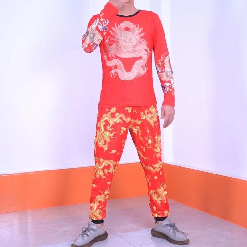 Conjunto de fato dragão estilo chinês masculino, manga comprida, camiseta esportiva, calça, popular, roupa casual, versátil masculino, sorte, novo, primavera, 2022