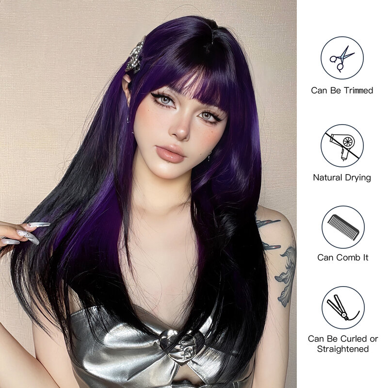 Ombre parrucca sintetica nera viola parrucca Cosplay per capelli lunghi dritti a strati con frangia per le donne capelli finti per feste resistenti al calore