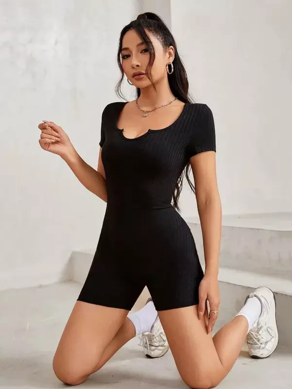 Women's Sexy Solid Short Sleeve Crew Neck High Waist Bodycon Jumpsuit Short Onesies Rompers Yoga Workout Gym Jumpsuits YSQ35
