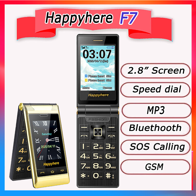 Happyhere F7 도크 2.8 인치 듀얼 스크린 휴대폰, 듀얼 SIM 원 키 통화 FM 카메라 녹음기 플립 휴대폰 러시아어 키보드