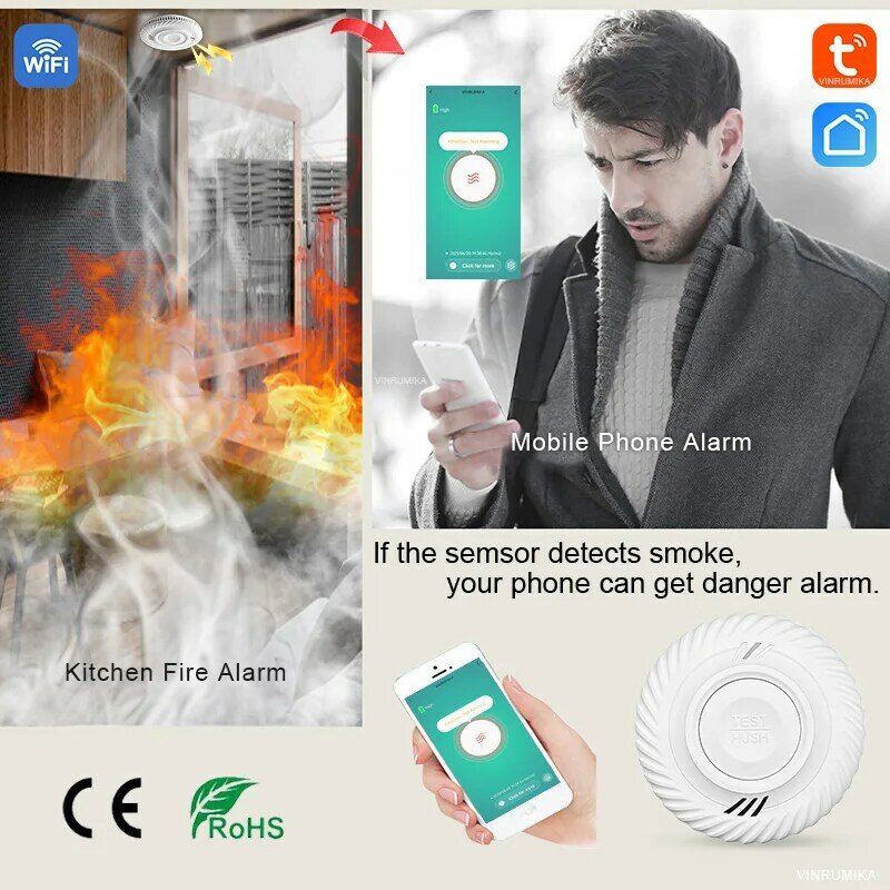 Detector de fumaça com função Wi-Fi, Sensor de alarme de som de incêndio, Tuya Smart Home Parlor, Cozinha, 10 Year Battery, Built-in