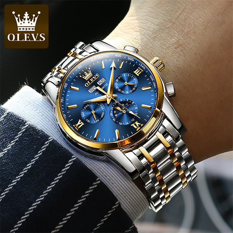 OLEVS-Montre mécanique étanche pour homme, montre-bracelet de sport automatique, date Shoous, phase lunaire, marque supérieure, luxe