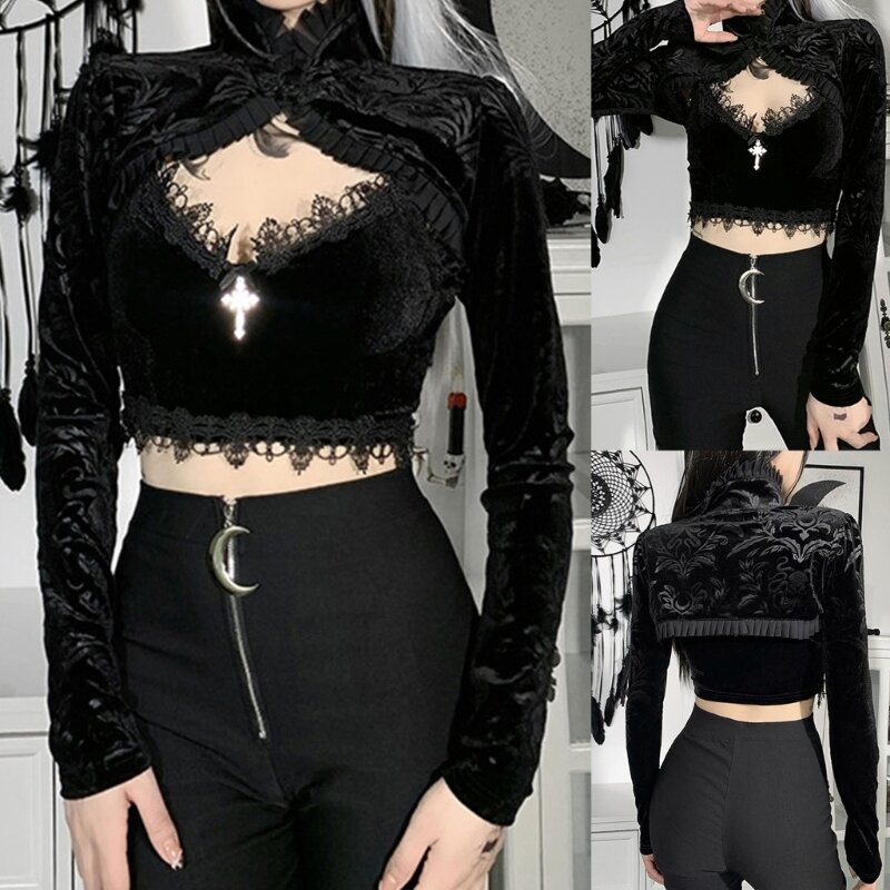 Dark Gothic Floral Jacquard Crop Top Shrug for Women Long Sleeve Ruffle Mock Neck Alternative Cover Up Cardigan Jackets Dropship