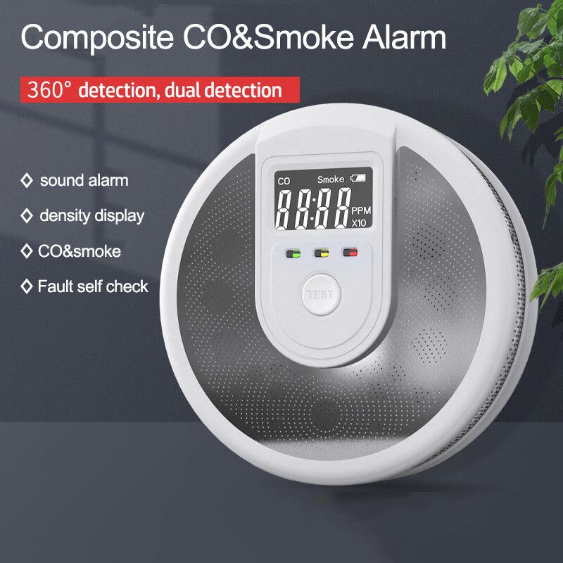 Alarma de humo de CO independiente 2 en 1, Detector de humo de protección contra incendios, Sensor de monóxido de carbono compuesto para el hogar, la Oficina y la escuela