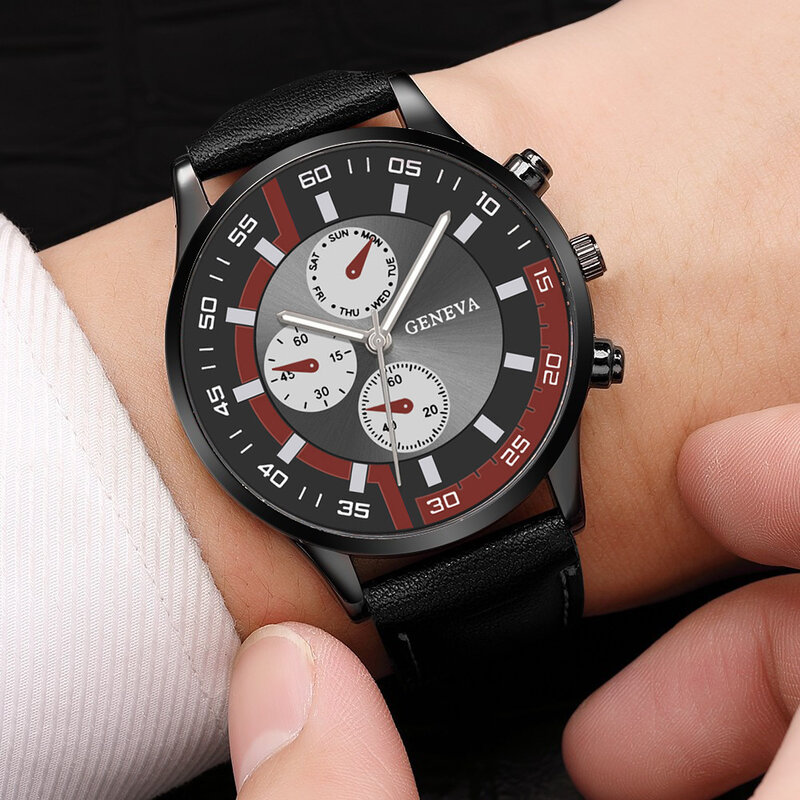 男性用ブラックレザークォーツ腕時計セット、ビーズブレスレットネックレス、ビジネス時計、カジュアルファッション、3個