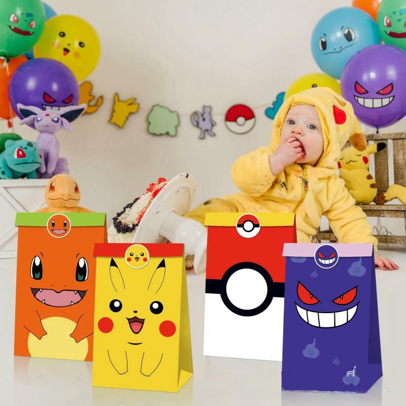 Caja de regalo de dulces de Pokémon para niños, bolsa de papel Kraft de Anime, Pikachu, Jigglypuff, pegatina de bolsa de papel Kraft para fiesta de dulces, lindo Kawaii