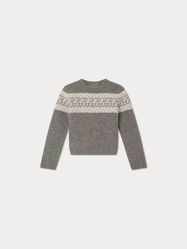 Sweater rajut anak perempuan, atasan rajut leher bulat Jacquard ceri semua wol tebal musim gugur/musim dingin 23